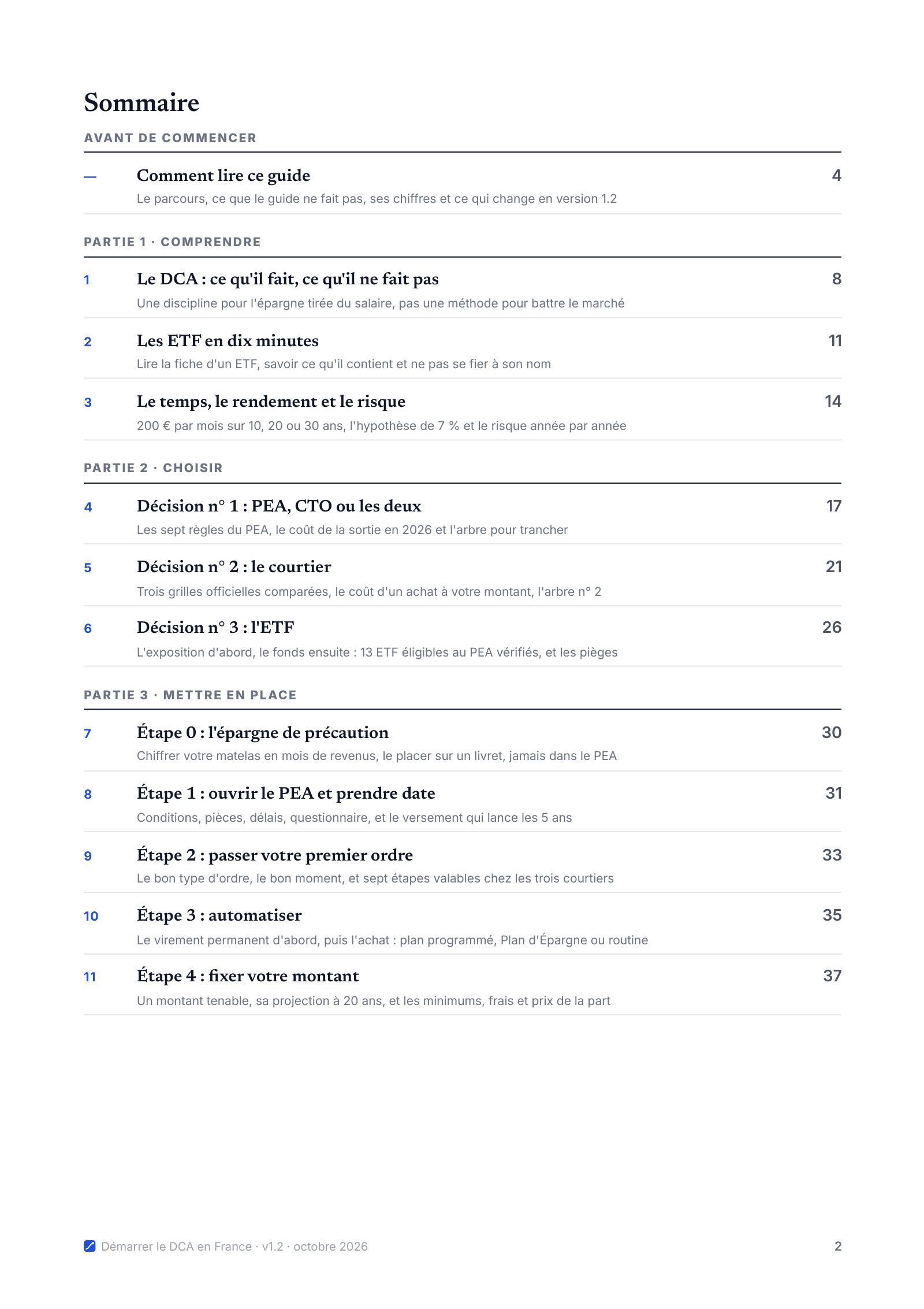 Sommaire du guide, page 2 : Comment lire ce guide, puis les parties Comprendre, Choisir et Mettre en place, chapitres 1 à 11 avec leurs numéros de page