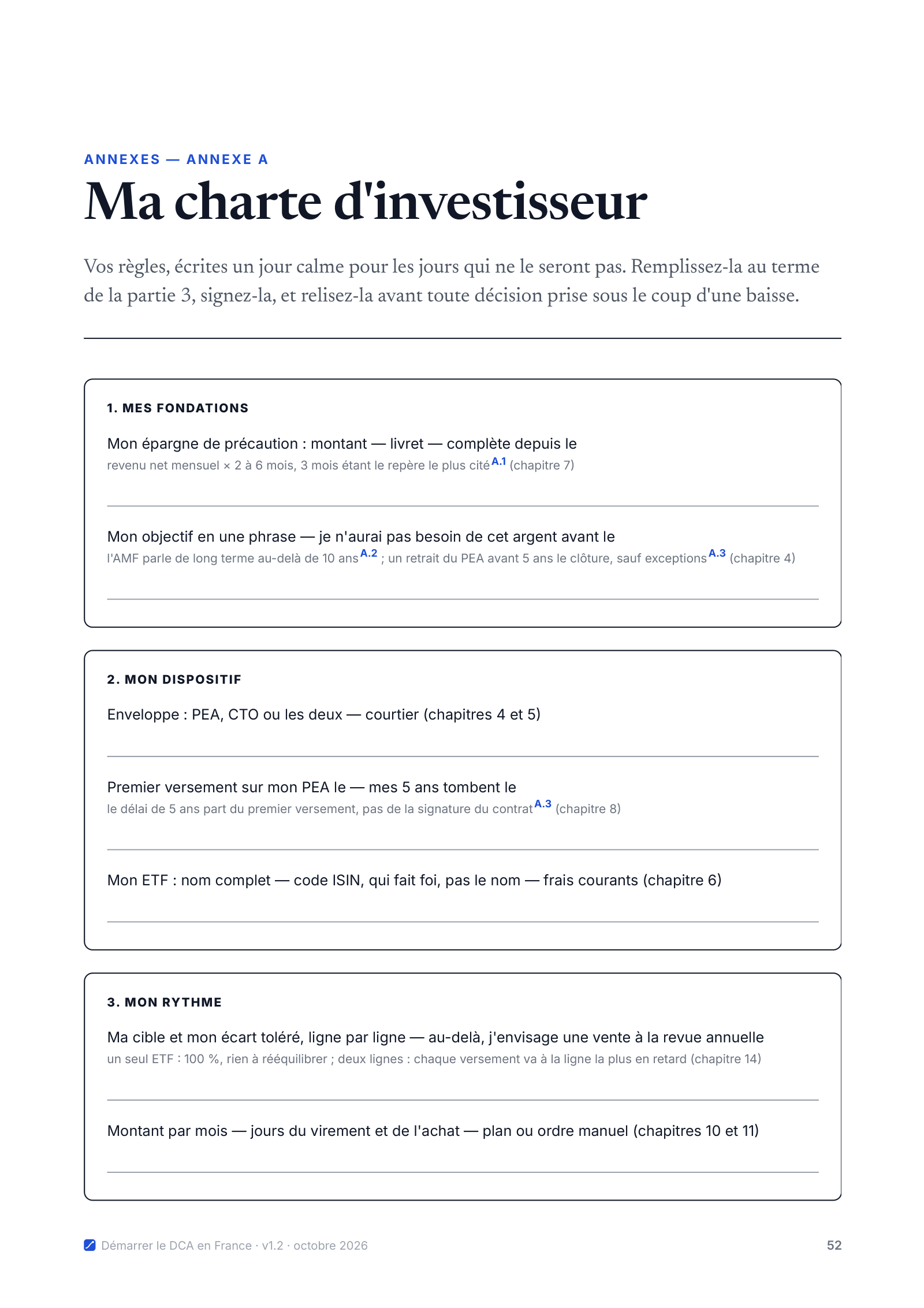 Annexe A, page 52 : la charte d'investisseur à remplir, avec vos fondations (épargne de précaution, objectif), votre dispositif (enveloppe, courtier, ETF) et votre rythme
